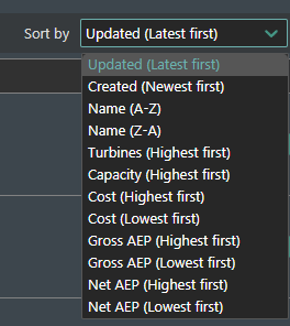 User wind farm list sort