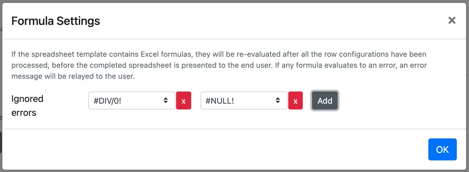 Configurações de fórmula